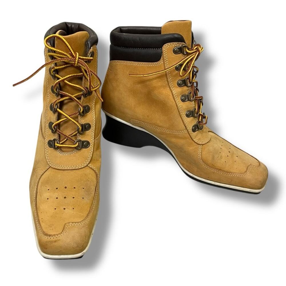 Timberland VTG Y2K wheat genuine leather lace up square toe wedge boots sz 8 - Picture 2 of 10